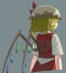 Rule 34 | blonde hair, blouse, bow, collared shirt, flandre scarlet, frogsnake, from behind, hat, hat bow, mob cap, multicolored wings, one side up, red bow, red skirt, red vest, shirt, short hair, short sleeves, skirt, touhou, upper body, vest, waistcoat, white hat, white shirt, wings