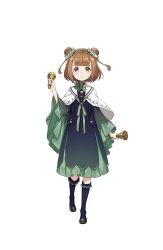 Rule 34 | 1girl, beatrice (princess principal), black footwear, blue socks, bow, brown eyes, brown hair, capelet, double bun, full body, green bow, green neckwear, green skirt, hair bun, hair ornament, handbell, highres, kneehighs, looking at viewer, official art, princess principal, princess principal game of mission, shoes, short hair, skirt, smile, socks, solo, standing, transparent background, white capelet, wide sleeves