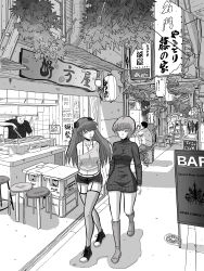 Rule 34 | 2girls, absurdres, ayanami rei, breasts, casual, city, cityscape, dress, greyscale, highres, interface headset, jewelry, josep moore, large breasts, long sleeves, midriff, miniskirt, monochrome, multiple girls, necklace, neon genesis evangelion, night, non-web source, road, short dress, short shorts, shorts, skirt, souryuu asuka langley, stomach, street, sweater, sweater dress, thighhighs, thighs, walking, wide hips, zettai ryouiki