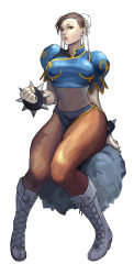 Rule 34 | 1girl, absurdres, boots, bracelet, breasts, brown eyes, brown hair, brown pantyhose, bun cover, capcom, china dress, chinese clothes, chun-li, double bun, dress, earrings, hair bun, highres, jewelry, large breasts, legs, lips, pantyhose, parted lips, pelvic curtain, sash, short hair, short sleeves, sitting, smile, solo, spiked bracelet, spikes, street fighter, takitasan, thick thighs, thighs