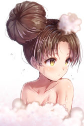 Rule 34 | 1girl, alternate hairstyle, ayanami (kancolle), blush, breasts, brown hair, censored, censored nipples, closed mouth, collarbone, commentary request, convenient censoring, gradient background, hair bun, highres, kantai collection, minarai shachou, nude, short hair, single hair bun, small breasts, soap bubbles, soap censor, solo, white background, yellow eyes