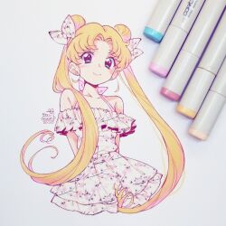 Rule 34 | 1girl, 2020, arms behind back, bare shoulders, bishoujo senshi sailor moon, blonde hair, blue eyes, bow, commentary request, double bun, dress, earrings, frilled dress, frills, hair bow, hair bun, highres, ibi chuan, jewelry, long hair, marker (medium), photo (medium), signature, smile, solo, spanish commentary, stud earrings, traditional media, tsukino usagi, twintails, upper body, very long hair, white bow, white dress