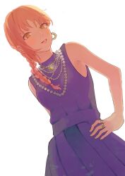 Rule 34 | 1girl, braid, braided ponytail, chainsaw man, dress, earrings, gurukousu, hand on own hip, highres, hoop earrings, jewelry, makima (chainsaw man), medium hair, multiple rings, necklace, official alternate costume, pearl necklace, purple dress, red hair, ring, sleeveless, sleeveless dress, solo