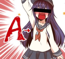 Rule 34 | 1girl, akatsuki (kancolle), arm up, arrow (symbol), bar censor, black skirt, blush, censored, collarbone, commentary request, crying, dog tags, emphasis lines, hair between eyes, identity censor, kantai collection, letter, long sleeves, neckerchief, open mouth, pleated skirt, purple hair, red neckerchief, sailor collar, school uniform, serafuku, shirt, skirt, solo, white shirt, yua (checkmate)