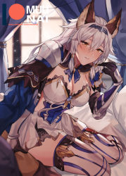 Rule 34 | 1girl, animal ears, arm guards, armor, armored dress, black gloves, blush, breastplate, breasts, brown eyes, cat ears, cleavage, curtains, diadem, dress, elbow gloves, erune, gloves, granblue fantasy, greaves, hair between eyes, hair tubes, heles, large breasts, long hair, looking at viewer, muunai, parted lips, pauldrons, shoulder armor, sidelocks, silver hair, smile, solo, thighhighs, thighs, very long hair, white dress, white thighhighs, window