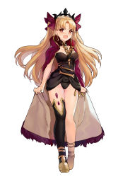 Rule 34 | 1girl, anklet, asymmetrical legwear, asymmetrical sleeves, between breasts, black leotard, black nails, black thighhighs, blonde hair, bow, breasts, cape, cape grab, crown, earrings, ereshkigal (fate), fate/grand order, fate (series), frown, full body, gold, gold trim, hair bow, highres, hood, hooded cape, hoop earrings, jewelry, leotard, long hair, looking at viewer, medium breasts, nail polish, open mouth, parted bangs, purple bow, purple cape, red eyes, simple background, single sleeve, single thighhigh, skull, solo, spine, standing, thighhighs, two side up, uneven legwear, uneven sleeves, very long hair, wavy mouth, white background, wumumu, yellow footwear