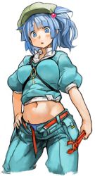 Rule 34 | 1girl, adapted costume, belt, between breasts, blue eyes, blue hair, blue panties, blue pants, blush, breasts, cowboy shot, cropped legs, groin, hair bobbles, hair ornament, hat, holding, kawashiro nitori, key, large breasts, matching hair/eyes, navel, open belt, open fly, panties, pants, perky breasts, puffy short sleeves, puffy sleeves, sachito, short hair, short sleeves, simple background, solo, strap between breasts, touhou, twintails, two side up, unbuckled, unbuttoned, underwear, unzipped, white background, wrench
