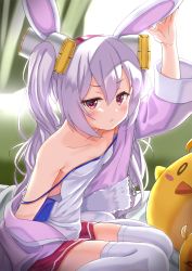 Rule 34 | 1girl, :t, animal ears, arm up, azur lane, bare shoulders, bed sheet, blush, camisole, closed mouth, collarbone, commentary request, fur-trimmed jacket, fur trim, hair between eyes, hair ornament, hairband, highres, jacket, laffey (azur lane), long hair, long sleeves, looking at viewer, off shoulder, pleated skirt, pout, purple hair, purple jacket, rabbit ears, red eyes, red hairband, red skirt, sidelocks, sitting, skirt, solo, strap slip, stuffed animal, stuffed bird, stuffed toy, thighhighs, tsukiman, very long hair, white camisole, white thighhighs