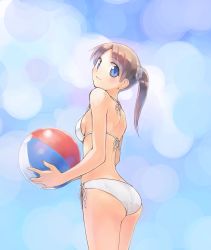 Rule 34 | 1girl, ass, back, ball, beachball, bikini, blue eyes, blue scrunchie, blue sky, breasts, brown hair, closed mouth, commentary request, day, from behind, hair ornament, hair scrunchie, halterneck, highres, holding, holding ball, ikeda jun (mizutamari), light smile, looking at viewer, looking back, medium hair, original, outdoors, ponytail, redrawn, scrunchie, side-tie bikini bottom, sky, small breasts, solo, standing, swimsuit, white bikini