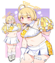 Rule 34 | 1girl, :d, ?, ahoge, arm support, armband, arrow (symbol), black-framed eyewear, blonde hair, blue archive, blue armband, blue skirt, blush, border, braid, breasts, character name, cheerleader, cleavage, closed eyes, closed mouth, commentary request, cowboy shot, dot nose, full body, fusa (starless2323), glasses, gloves, gradient background, hair between eyes, half-closed eye, halo, hand on own thigh, highres, holding, holding pom poms, kotori (blue archive), kotori (cheer squad) (blue archive), large breasts, leaning forward, long hair, looking at viewer, millennium cheerleader outfit (blue archive), multiple views, navel, open mouth, outside border, pink background, pink border, pleated skirt, plump, pom pom (cheerleading), pom poms, purple background, raised eyebrow, red eyes, semi-rimless eyewear, shoes, short twintails, simple background, skirt, smile, sneakers, socks, standing, sweat, tareme, teardrop-framed glasses, thick thighs, thighlet, thighs, triangle halo, twintails, under-rim eyewear, v-shaped eyebrows, white border, white footwear, white gloves, white skirt, white socks, wing collar, yellow halo, yellow skirt
