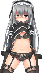 Rule 34 | 1girl, black thighhighs, blush, bra, breasts, frilled bra, frills, garter belt, garter straps, grey eyes, grey hair, hair between eyes, hairband, highres, long hair, looking at viewer, mizushina minato, mouth hold, navel, original, simple background, small breasts, solo, thighhighs, underwear, white background