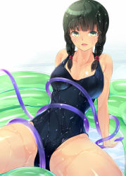 Rule 34 | 1girl, amasora taichi, black hair, blush, braid, breasts, collarbone, green eyes, groin, hair over shoulder, holding, hose, large breasts, looking at viewer, one-piece swimsuit, original, sitting, solo, swimsuit, tentacles, twin braids, wet
