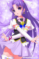 Rule 34 | 10s, 1girl, amane satsuki, arm warmers, brooch, character name, copyright name, crossed arms, cure fortune, earrings, hair ornament, hairpin, happinesscharge precure!, heart, heart brooch, hikawa iona, jewelry, light particles, long hair, magical girl, precure, purple background, purple eyes, purple hair, purple skirt, purple theme, skirt, solo, sparkle