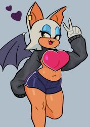 Rule 34 | 1girl, :d, absurdres, bat girl, bat wings, blue eyeshadow, breasts, eyeshadow, fang, furry, furry female, gloves, green eyes, heart, highres, large breasts, makeup, navel, open mouth, rouge the bat, short shorts, shorts, shrug (clothing), simple background, sleeves past fingers, sleeves past wrists, smile, solo, sonic (series), v, white gloves, wings, xeno (xenoglitch)