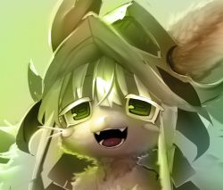 Rule 34 | 1other, animal ears, fangs, fluffy, furry, green eyes, green theme, helmet, horizontal pupils, horns, made in abyss, nanachi (made in abyss), open mouth, tongue, v1v404, whiskers, white hair, unfinished