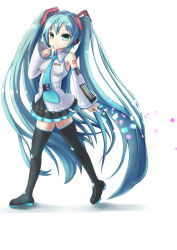 Rule 34 | 1girl, aqua hair, detached sleeves, finger to mouth, green eyes, green hair, hatsune miku, highres, long hair, matching hair/eyes, necktie, raidenvt, simple background, skirt, solo, thighhighs, twintails, very long hair, vocaloid, walking, white background