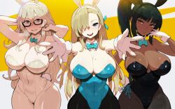 Rule 34 | 3girls, akane (blue archive), akane (bunny) (blue archive), animal ears, aqua leotard, asuna (blue archive), asuna (bunny) (blue archive), asymmetrical bangs, black hair, black leotard, black pantyhose, blonde hair, blue archive, blue bow, blue bowtie, blue eyes, blue leotard, bow, bowtie, breasts, brown eyes, chimjoljol (cute goblin), cleavage, covered navel, dark-skinned female, dark skin, detached collar, fake animal ears, fake tail, glasses, gloves, hair over one eye, highres, karin (blue archive), karin (bunny) (blue archive), large breasts, leotard, light brown hair, long hair, looking at viewer, mole, mole on breast, multiple girls, official alternate costume, outstretched arms, pantyhose, playboy bunny, rabbit ears, rabbit tail, strapless, strapless leotard, tail, traditional bowtie, white gloves, white leotard, yellow eyes