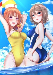 Rule 34 | 2girls, absurdres, ahoge, ass, ball, beachball, blue eyes, blue one-piece swimsuit, blue sky, braid, brown hair, casual one-piece swimsuit, cloud, clover hair ornament, commentary request, commission, competition swimsuit, cowboy shot, hair ornament, hibika, highleg, highleg swimsuit, highres, looking at viewer, love live!, love live! sunshine!!, multiple girls, one-piece swimsuit, orange hair, pixiv commission, red eyes, ribbon, short hair, side braid, sky, soaking feet, swimsuit, takami chika, wading, watanabe you, water, yellow one-piece swimsuit, yellow ribbon