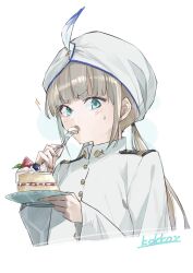 Rule 34 | 1boy, blue hair, blush, cake, captain nemo (fate), eating, fate/grand order, fate (series), food, fork, fruit, gradient hair, green eyes, hat feather, highres, jacket, kino kokko, light brown hair, long hair, long sleeves, looking at viewer, multicolored hair, nemo (fate), open mouth, plate, solo, strawberry, turban, two-tone hair, white headwear, white jacket