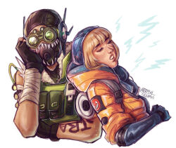 Rule 34 | 1boy, 1girl, apex legends, arm tattoo, bandaged arm, bandages, black gloves, black headwear, blonde hair, blue gloves, blue headwear, cable, closed eyes, commentary, english commentary, fingerless gloves, gloves, goggles, green vest, hand on own cheek, hand on own face, hood, hood down, hooded jacket, jacket, mask, nina liu, octane (apex legends), orange jacket, parted lips, sleeping, tattoo, upper body, vest, wattson (apex legends), white background