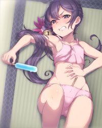 Rule 34 | 1girl, akebono (kancolle), bad id, bad pixiv id, bell, blush, camisole, clenched teeth, flower, food, frown, hair bell, hair flower, hair ornament, highres, jingle bell, kantai collection, long hair, looking at viewer, lying, nose blush, on back, panties, pink panties, popsicle, popsicle stick, purple eyes, purple hair, side ponytail, solo, sweat, teeth, tonami kanji, underwear, underwear only, very long hair