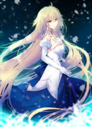 Rule 34 | 1girl, antenna hair, archetype earth, arcueid brunestud, back bow, bare shoulders, blonde hair, blue bow, blue skirt, bow, breasts, closed mouth, commentary request, detached collar, detached sleeves, dress, elbow gloves, floating hair, gloves, hair between eyes, hair intakes, hand on own chest, houkiri nemu, large breasts, long hair, looking at viewer, melty blood, red eyes, skirt, solo, strapless, strapless dress, tsukihime, very long hair, white dress, white gloves, white sleeves