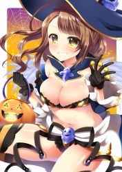 Rule 34 | 10s, 1girl, beatrix (granblue fantasy), black gloves, blush, breasts, brown hair, cleavage, clenched teeth, eyebrows, gloves, granblue fantasy, halloween, hat, jack-o&#039;-lantern, large breasts, long hair, looking at viewer, navel, neon ui, pumpkin, smile, solo, sparkle, teeth, witch hat, yellow eyes
