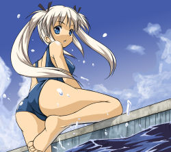 Rule 34 | 1girl, ass, barefoot, blue eyes, day, covered erect nipples, from below, hair ribbon, looking at viewer, one-piece swimsuit, outdoors, parted lips, pool, poolside, ribbon, school swimsuit, silver hair, sky, solo, swimsuit, twintails