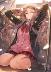 Rule 34 | 1girl, arms up, black jacket, black socks, blazer, bow, breasts, brown eyes, brown hair, cardigan, collared shirt, commentary request, curtains, day, desk, dress shirt, hagure keg, hair ornament, highres, indoors, jacket, kneehighs, long sleeves, looking at viewer, miniskirt, on floor, open clothes, open jacket, original, parted bangs, pink cardigan, plaid, plaid skirt, pleated skirt, rabbit hair ornament, red bow, red skirt, school desk, school uniform, shirt, shoes, sitting, skirt, skull hair ornament, small breasts, socks, solo, sunlight, uwabaki, wariza, white footwear, white shirt, window