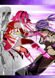 Rule 34 | 2girls, absurdres, bodysuit, boots, broken wall, chaps, detached sleeves, female focus, fighting, from side, gloves, hairband, highres, koeda shouten, magical girl, multiple girls, original, pink footwear, pink gloves, pink hair, pleated skirt, punching, purple hair, ryona, short hair with long locks, skirt, stomach punch, thighhighs, wide-eyed