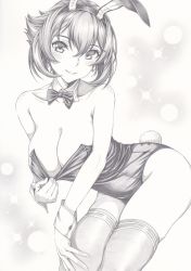 Rule 34 | 1girl, animal ears, bow, bowtie, breasts, choker, cleavage, fake animal ears, fake tail, graphite (medium), greyscale, kantai collection, leotard, leotard pull, looking at viewer, mikuro, monochrome, mutsu (kancolle), playboy bunny, rabbit ears, rabbit tail, short hair, solo, strapless, strapless leotard, tail, thighhighs, traditional bowtie, traditional media, wrist cuffs