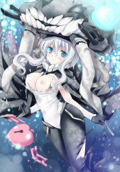 Rule 34 | 10s, 1girl, abyssal ship, blue eyes, bodysuit, breasts, breasts out, cape, chain, grey hair, hat, heart, heart-shaped lock, kantai collection, large breasts, lock, machinery, monster, nipples, pantyhose, sakurano ru, sidelocks, solo, tears, teeth, torn clothes, torn pantyhose, water, wo-class aircraft carrier