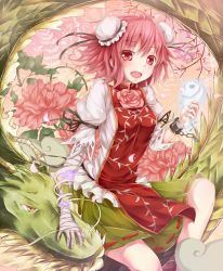 Rule 34 | 1girl, :d, amputee, bandages, blush, bun cover, chain, cherry blossoms, cuffs, dabadhi, double bun, dragon, eastern dragon, false arm, false limb, flower, highres, hitodama, ibaraki kasen, looking at viewer, open mouth, peony (flower), petals, pink eyes, pink hair, pink rose, revision, rose, shackles, short hair, smile, solo, tabard, touhou