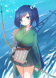 Rule 34 | 10s, 1girl, arrow (projectile), blue eyes, blue hair, bow (weapon), breasts, emia wang, flight deck, gloves, hair ribbon, japanese clothes, kantai collection, large breasts, looking at viewer, matching hair/eyes, ocean, partially fingerless gloves, partly fingerless gloves, pleated skirt, quiver, radio antenna, ribbon, skirt, solo, souryuu (kancolle), standing, twintails, water, weapon, yugake