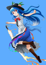 Rule 34 | 1girl, abe ranzu, blue background, blue hair, boots, food, fruit, grin, hat, jumping, long hair, peach, red eyes, simple background, smile, solo, sword of hisou, teeth, touhou