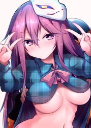 Rule 34 | 1girl, ?, areola slip, assisted exposure, black hat, bow, breasts, chipa (arutana), clothes lift, commentary request, double v, expressionless, fox mask, hair between eyes, hat, hat bow, hata no kokoro, highres, komeiji koishi, long hair, looking at viewer, mask, medium breasts, navel, no bra, pink eyes, pink hair, plaid, plaid shirt, shirt, shirt lift, simple background, solo focus, spoken question mark, touhou, underboob, upper body, v, very long hair, white background
