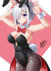 Rule 34 | 1girl, absurdres, alternate costume, animal ears, armpits, arms up, ayakase hotaru, bare shoulders, black leotard, black pantyhose, blue eyes, bow, bowtie, breasts, covered navel, cowboy shot, detached collar, fake animal ears, hair ornament, hair over one eye, hairclip, hamakaze (kancolle), highres, kantai collection, large breasts, leotard, pantyhose, playboy bunny, rabbit ears, rabbit pose, rabbit tail, red bow, red bowtie, short hair, silver hair, solo, strapless, strapless leotard, tail, wrist cuffs