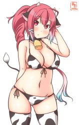 Rule 34 | 1girl, alternate costume, animal ears, animal print, artist logo, bell, bikini, breasts, cleavage, commentary request, cow ears, cow horns, cow print, cow tail, cowbell, cowboy shot, dated, fake animal ears, fake horns, front-tie top, gradient sky, hair ribbon, highres, horns, i-168 (kancolle), kanon (kurogane knights), kantai collection, large breasts, long hair, looking at viewer, one-hour drawing challenge, ponytail, red eyes, red hair, ribbon, side-tie bikini bottom, simple background, sky, solo, standing, swimsuit, tail, thighhighs, white background, white bikini, white thighhighs