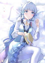 Rule 34 | 1girl, 310setsu, ayaka (genshin impact), bed sheet, blue dress, blue eyes, blue nails, blunt bangs, blunt tresses, blush, braid, braided hair rings, breasts, brown hat, butterfly hair ornament, closed mouth, collar, dress, feet out of frame, floral print, flower, frilled dress, frills, from above, frown, genshin impact, gold trim, grey hair, hair flower, hair ornament, hair rings, hat, hat ribbon, head on pillow, highres, holding, holding clothes, holding hat, kamisato ayaka, kamisato ayaka (springbloom missive), long sleeves, looking at viewer, medium breasts, mole, mole under eye, multicolored clothes, multicolored dress, neck tassel, official alternate costume, official alternate hairstyle, on bed, pantyhose, petals, pillow, ribbon, sidelocks, solo, thighs, unworn hat, unworn headwear, white collar, white ribbon