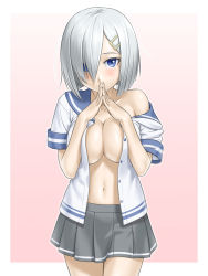 Rule 34 | 10s, 1girl, blue eyes, blush, breasts, cleavage, commentary request, cowboy shot, grey skirt, hair ornament, hair over one eye, hairclip, hamakaze (kancolle), highres, ichikawa masahiro, kantai collection, large breasts, looking at viewer, navel, no bra, open clothes, outside border, own hands together, pink background, pleated skirt, school uniform, serafuku, shirt slip, short hair, short sleeves, silver hair, single bare shoulder, skirt, solo, standing, steepled fingers, two-tone background