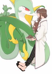 Rule 34 | 1girl, alternate costume, black footwear, brown hair, coat, commentary request, cookie, creatures (company), cup, food, game freak, gen 5 pokemon, hagetapo, hilda (pokemon), holding, holding cup, holding plate, long hair, nintendo, pants, plaid, plaid pants, plate, pokemon, pokemon (creature), pokemon bw, serperior, sidelocks, simple background, slippers, white background, white coat