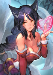 Rule 34 | 1girl, ahri (league of legends), animal ears, bare shoulders, black hair, braid, braided ponytail, breasts, choker, cleavage, detached sleeves, facial mark, fox ears, fox tail, heart, hinoru saikusa, korean clothes, large breasts, league of legends, long hair, looking at viewer, multiple tails, smile, solo, strapless, tail, whisker markings, yellow eyes