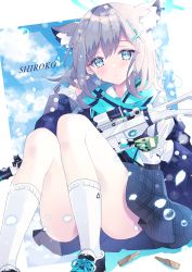 Rule 34 | 1girl, animal ear fluff, animal ears, aoi yugina, assault rifle, black jacket, blue archive, blue eyes, blush, border, cat ears, character name, closed mouth, cross, full body, gloves, gun, hair ornament, highres, holding, holding gun, holding weapon, jacket, knees up, long sleeves, looking at viewer, medium hair, messy hair, off shoulder, outside border, pleated skirt, purple hair, rifle, shiroko (blue archive), shirt, shoes, sidelocks, sig sauer 556, sitting, skirt, socks, solo, thighs, weapon, white shirt, white socks, wrist cuffs, yellow gloves