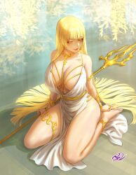 Rule 34 | 1girl, anklet, armlet, autumn leaves, between legs, blonde hair, breasts, cleavage, collarbone, commission, copyright request, dress, fujii eishun, hair spread out, highres, hime cut, holding trident, jewelry, large breasts, leaf, long hair, looking to the side, nail polish, on floor, outdoors, polearm, shaded face, shiny skin, sitting, skeb commission, solo, thick thighs, thighlet, thighs, trident, very long hair, wariza, weapon, white dress, yellow eyes