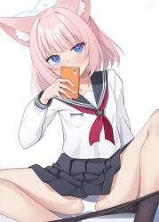 Rule 34 | 1girl, animal ear fluff, animal ears, binsen, black pantyhose, black sailor collar, black skirt, blue archive, blue eyes, blue halo, blush, breasts, cellphone, clothes pull, collarbone, commentary, fox ears, fox girl, halo, highres, holding, holding phone, long sleeves, looking at viewer, miniskirt, neckerchief, niko (blue archive), panties, pantyhose, pantyhose pull, phone, pink hair, pleated skirt, puffy long sleeves, puffy sleeves, red neckerchief, sailor collar, sailor shirt, school uniform, serafuku, shirt, short hair, simple background, sitting, skirt, small breasts, smartphone, solo, spread legs, underwear, white background, white panties, white shirt