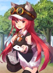 Rule 34 | 10s, 1girl, animal ears, blush, detached sleeves, dress, envelope, giving, goggles, goggles on headwear, hat, letter, long hair, looking at viewer, mailman, open mouth, original, outdoors, red eyes, short dress, smile, solo, tail, thighhighs, tree, trickster (ntreev soft), tsunotsuki (uguisu maccha), zettai ryouiki