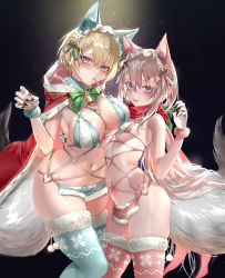 Rule 34 | 2girls, 9a-91 (girls&#039; frontline), absurdres, alternate costume, animal ears, ass, bikini, blonde hair, blue eyes, blue ribbon, blue thighhighs, breasts, cape, christmas, claws, commentary request, girls&#039; frontline, gloves, hair between eyes, hair ornament, hair ribbon, highres, large breasts, looking at viewer, mole, mole on breast, mole under eye, mouth hold, multiple girls, navel, official alternate costume, pink ribbon, pottsness, red cape, red legwear, red scarf, ribbon, scarf, short hair, silver hair, small breasts, snowflake hair ornament, standing, swimsuit, tail, thighhighs, thighs, twitter username, vsk-94 (christmas eve detective) (girls&#039; frontline), vsk-94 (girls&#039; frontline), white gloves