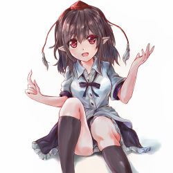 Rule 34 | 1girl, arms up, black hair, black socks, black ribbon, black skirt, blush, commentary request, feet out of frame, frilled skirt, frills, hair between eyes, hat, head tilt, highres, ikazuchi akira, index finger raised, knee up, kneehighs, looking at viewer, neck ribbon, on ground, open mouth, panties, pantyshot, pointy ears, red eyes, ribbon, shadow, shameimaru aya, shirt, short hair, short sleeves, simple background, sitting, skirt, sleeve cuffs, socks, solo, tokin hat, touhou, underwear, untucked shirt, white background, white panties, white shirt