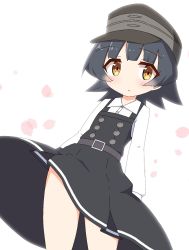 Rule 34 | 1girl, arare (kancolle), arare kai ni (kancolle), black dress, black hair, blush, brown eyes, brown hat, cherry blossoms, closed mouth, collared shirt, commentary request, dress, dress shirt, hat, highres, ichi (ichi.colors), kantai collection, looking at viewer, petals, pinafore dress, shirt, simple background, sleeveless, sleeveless dress, solo, thighs, white background, white shirt