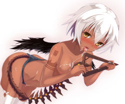 Rule 34 | 10s, 1girl, black panties, black rock shooter, blush, breasts, cum, cum in mouth, cum on body, cum on breasts, cum on clothes, cum on tongue, cum on upper body, licking, momo no kanzume, necktie, nipples, open mouth, panties, short hair, simple background, small breasts, solo, strength (black rock shooter), tail, tattoo, thighhighs, tongue, tongue out, topless, triangle, underwear, underwear only, white hair, white thighhighs, wings, yellow eyes